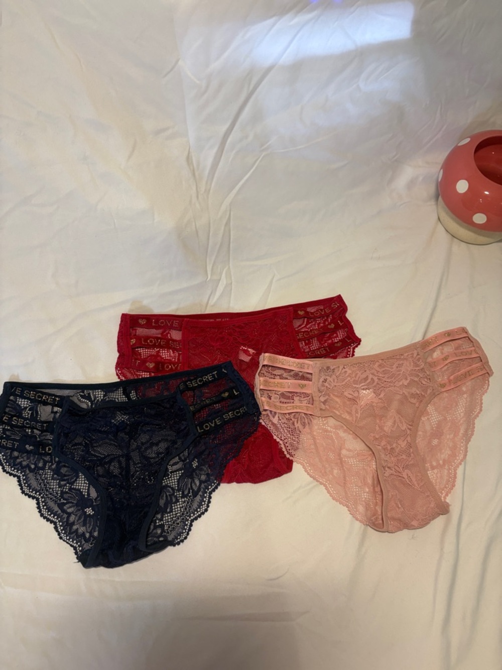 Lace Bikini Panty Trio - Navy, Red & Blush